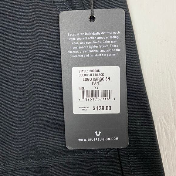 True Religion Women's Jet Black Embroidered Logo Cargo Pants Size 27 MSRP $139 - Picture 8 of 16